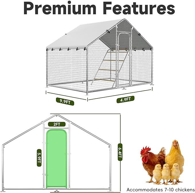 Large Metal Chicken Coop with Roosting Perch, UV-Resistant and Waterproof Cover, Chicken Run Outdoor Walk-in Cage Rabbit Duck Hen House for Yard Farm Use Spire Roof (10’ W x 4.9’ L x 6.4’ H)