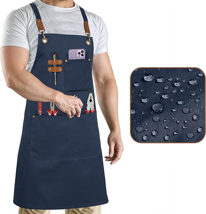RUVANTI Work Apron for Men, Oil & Water Repellent, Poly Cotton Cross Back Aprons for Women with Pockets, Adjustable up to XXL