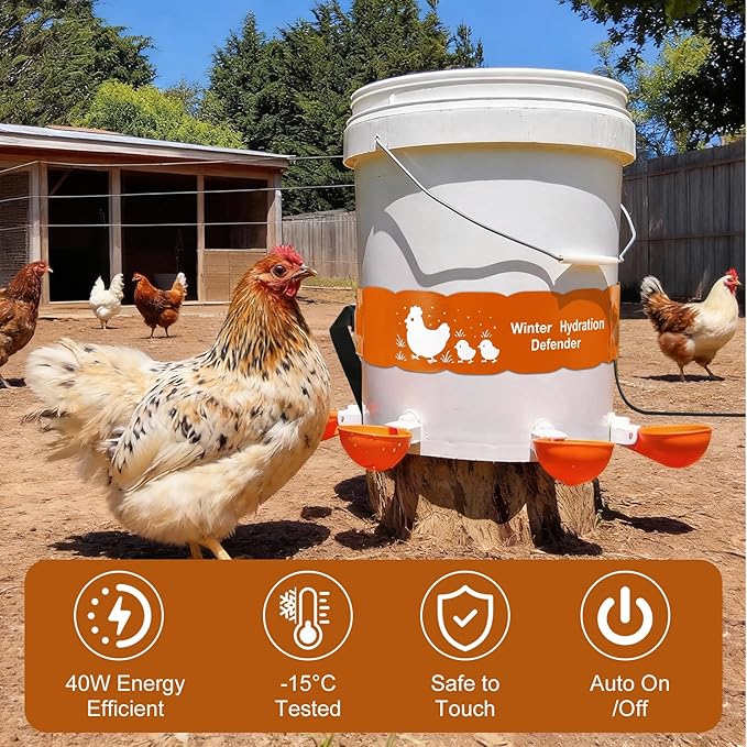 Thermostat Chicken Waterer Heater, Thermo Bucket Belt Heated Strap for 2-5Gal Bucket Chicken Waterers with 6ft Power Cord, 77℉ Automatic Shut-Off, Safe for Outdoor Use, Poultry Water Deicer