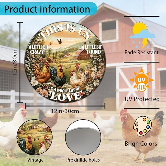 Round Vintage Chicken Metal Sign This Is Us A Little Bit Of Crazy A Little Bit Loud Chicken Coop Sign Home Kitchen Coffee Wall Decor Art Poster 12 Inch