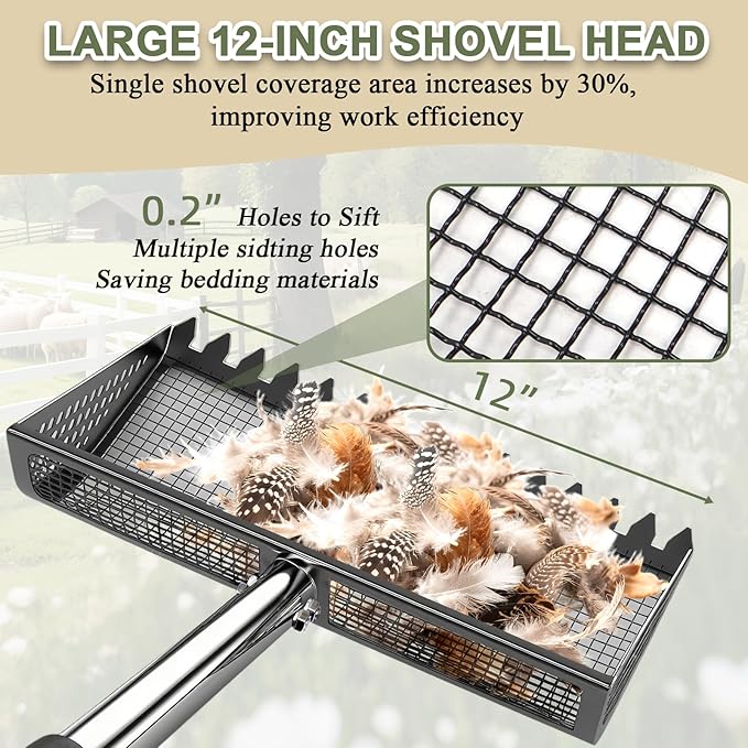 XOTTI 12 Inch Large Chicken Poop Scooper & Rake 2-in-1, Metal Chicken Coop Scoop with 36 to 75" Adjustable Stainless Steel Handle, Durable Sand Litter Sifting Shovel for Farm Animals