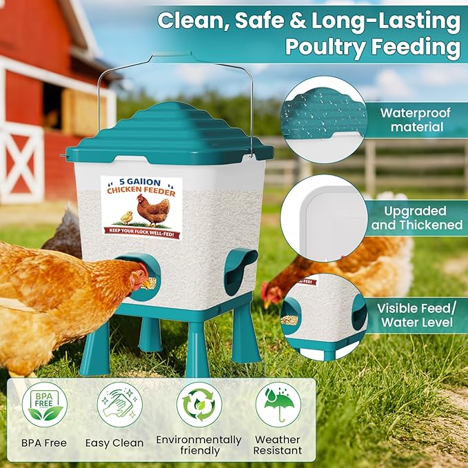 Chicken Feeder and Waterer Set, 5 Gallon Automatic Chicken Waterer with Cups, 40LB Large Chickens Feeders No Waste, Chicken Coop Accessories, Poultry Feeder & Chicken Watering System for Ducks, Quails