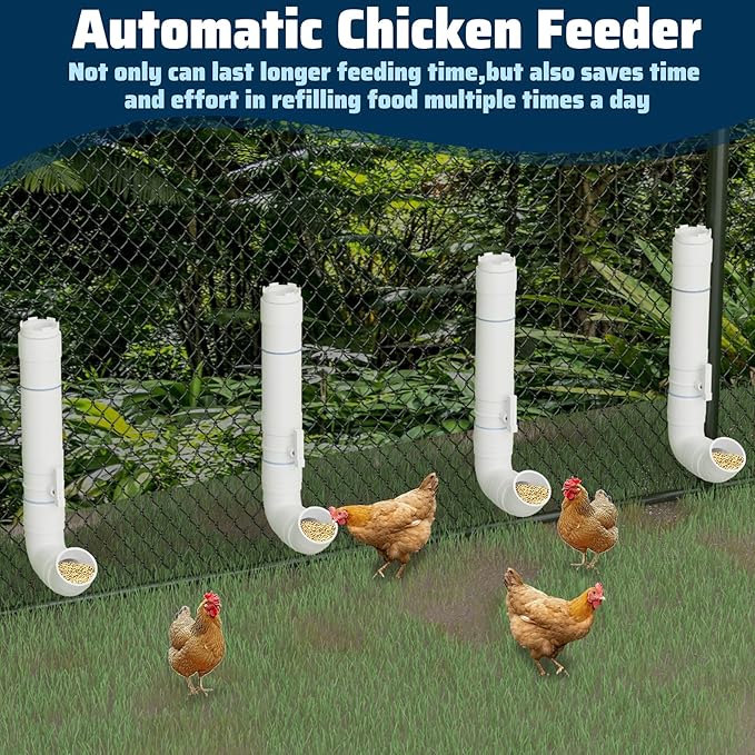 Automatic Chicken Feeder with Amount Controller,7 Pounds Capacity Hanging Chicken Feeder,Heavy Duty Pipe Chicken Coop Feeder No Waste,Poultry Gravity Feed Port for Chicken Feeding