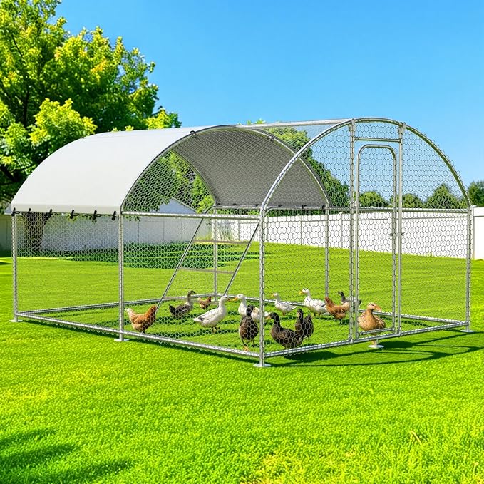 Large Metal Chicken Coop with Roosting Perch, Waterproof and UV-Resistant Cover, Outdoor Walk-in Cage Hen House for Yard Farm Rabbit Duck Chicken Run Dome Roof (10’ W x 13.2’ L x 6.4’ H)
