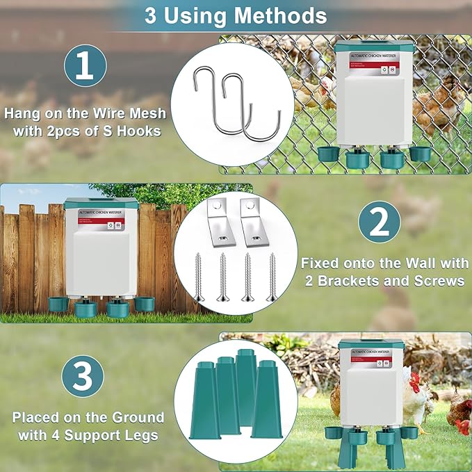 Automatic Chicken Waterer 2 Gallons, Float-Controlled Chicken Water Feeder with 4 Water Cups, 158.4-Inch Hose with 3/4'' and 1/2'' Ends, Large Poultry Waterer for Chick Quail Duck Turkey, Blue