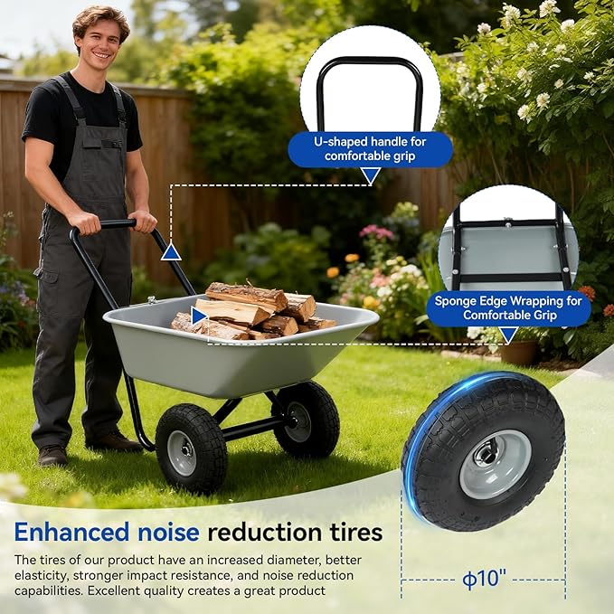 Dual Wheel Garden Wheelbarrow,Heavy Duty Yard Cart with 10“/15" Pneumatic Tires, Rustproof Poly Tray & Steel Handle, 300 lbs Capacity Utility Cart for Lawn, Farm, and Landscaping (Gray-10“)