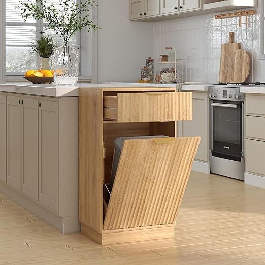 19 Inch Single 10 Gallon Wood Grain Tilt-Down Trash Can Cabinet with Storage Drawer,Wood Grooved Recycling Cabinet with Wave Texture Hidden Pull-Out Trash Can for Kitchen,Bathroom (Oak-02)