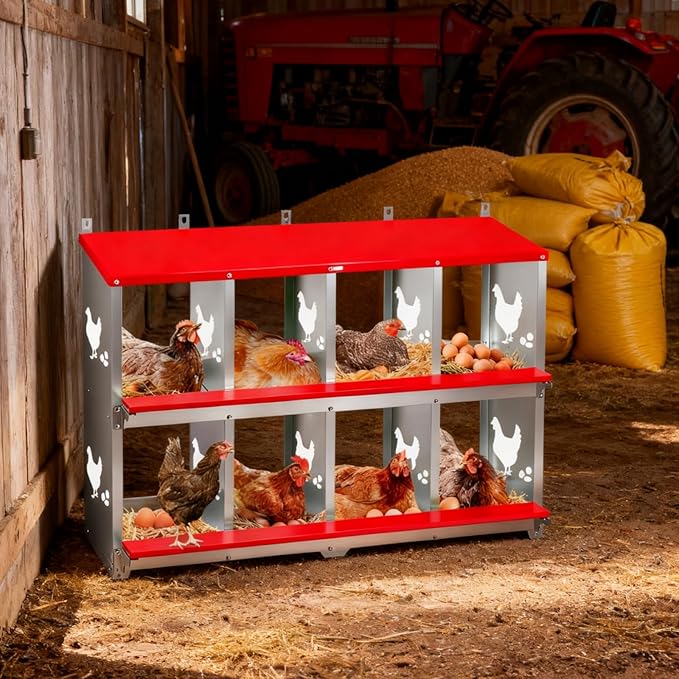 Garvee 3 Compartment Chicken Nesting Box, Wall Mount/Free Standing Poultry Nest for Chickens, Hens, Ducks, Metal Chicken Laying Boxes with Perch, Secure Lid, Vented Holes for Easy Egg Collection, Red