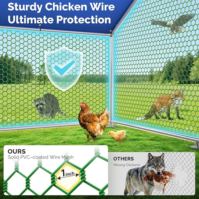 Large Metal Chicken Coop with Hexagonal Chicken Wire, Chicken Coop Run Pen for Yard with Waterproof Cover, Outdoor Large Walk-in Chicken Coops for 8 Chickens Duck Pen House Cage Run