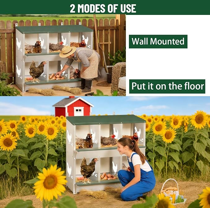 Garvee Large Metal Chicken Nesting Boxes for Hens, 6 Compartment Galvanized Steel Nesting Box with Legs, Includes 4 Fake Eggs & 10 Soft Nest Pads, Wall Mount or Freestanding for Coop & Farm