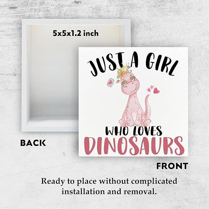 Pink Dinosaurs Wooden Box Signs, Dinosaurs Gifts for Women Girls, Dinosaurs Decor, Just a Girl Who Loves Dinosaurs Desk Signs for Tabletop Shelf Desk 5x5 Inch