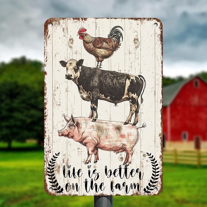 Rustic Farm Animals Metal Sign Vintage Style Life is Better on the Farm Wall Decor for Farmhouse Gift 12 * 8in