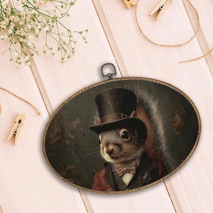 Hxlac Victorian Squirrel Rectangular Wall Art Framed, Vintage Victorian Style Animal Rectangular Wall Decor, Autumn Squirrel Hanging Canvas Prints Wall Sculptures for Farmhouse Home Room Decor, 11.5x8.5 Inch