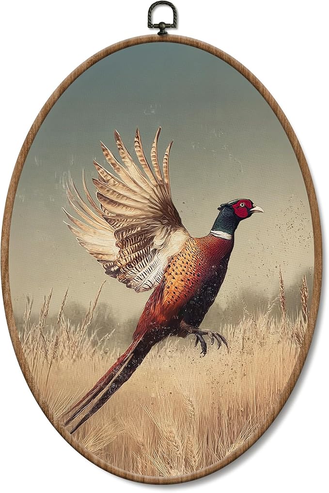 Yorhifa Vintage Flying Pheasant Framed Wall Art, Cottagecore Pheasant Field Oval Wall Art, Rustic Bird Hunting Oval Walls Decor, Country Bird Animal Canvas Artwork Hanging Decor, 8.5x11.5in