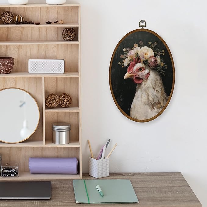 WULQYING Vintage Floral Chicken Wall Art Decor, Country Farmhouse Farm Animal Oval Framed Canvas Art Prints, Cottagecore Floral Chicken Wall Hanging Decor for Home Bedroom Living Room, 8.6x11.4 Inches