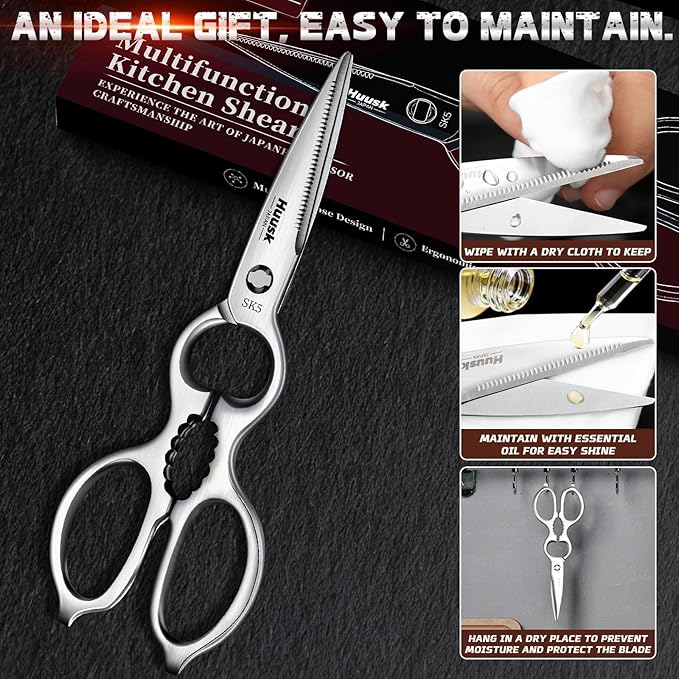Huusk Kitchen Scissors All Purpose - Christmas Gift for Men and Women - Silver Kitchen Shears for Vegetables and Meat - Detachable Scissors for Thorough Cleaning