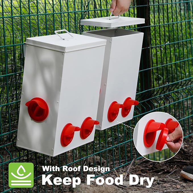 Solution4Patio 2Sets Metal Chicken Feeder, 15-20Lbs Automatic Gravity Hanging Chicken Feeder with Waterproof Lid, Heavy-Duty Hanging Design & Waste-Free Tray for Outdoor Chicken/Ducks