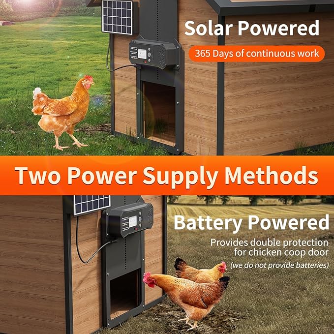Automatic Chicken Coop Door, LCD Display Aluminum Alloy Automatic Chicken Door with Timer & Light Sensor, Anti-Pinch & Weather Proof, Solar or Battery Powered