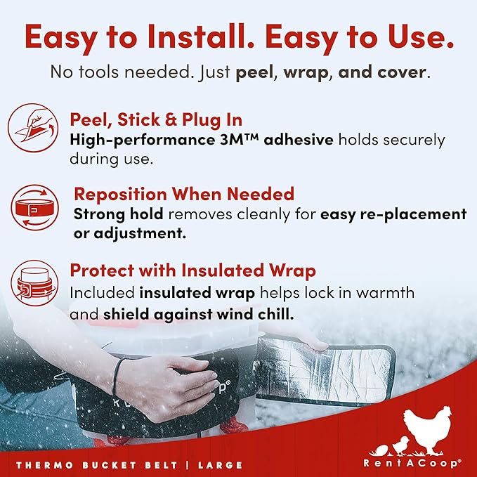 RentACoop Heated Chicken Waterer Belt for Winter, Thermo Bucket Heater Strap LG with Insulated Wrap for 2-5 Gal, 40W Energy Efficient, Safe to -10°F, Auto Thermostat