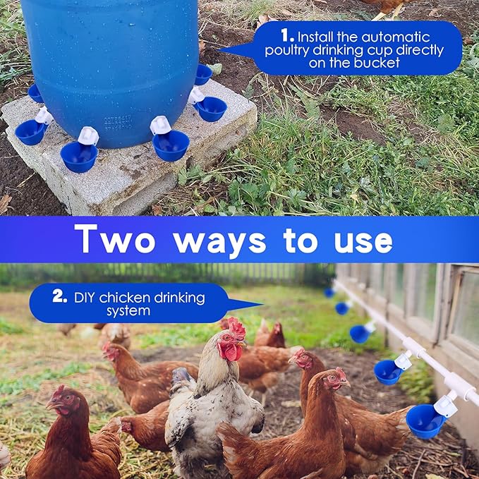 49 Pcs Automatic Chicken Waterer System Includes Chicken Water Cups 1/2" PVC Tee Fittings, PVC Pipes with Float Valve Controlled Fitting Poultry Waterer Chicken Water Feeder