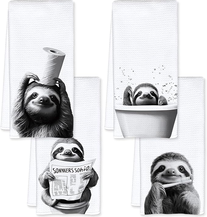 Funny Sloth Bathroom Hand Towels, Sloth Gifts for Women, Animal Lover Gifts, Black and White Cute Animal Hand Towels for Bathroom Washroom Restroom Decor, 16x24 Inch, Set of 4