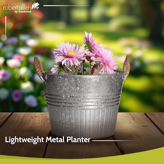 Headwind Decorative Planter - Round Galvanized Bucket w/Rope Handles – 8 Inch Metal Tub Bucket Planter for Outdoor Plants w/Drainage Hole – Galvanized Large Outdoor Planters Buckets by Robert Allen