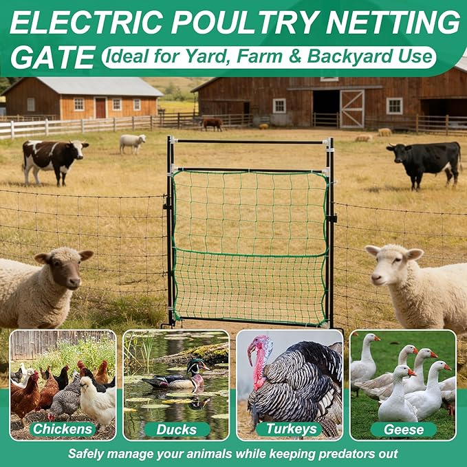 Leinuosen Electric Poultry Netting Gate, 50" H x 37" L Electric Chicken Fence Gate, Portable Poultry Nets Fence Kit for Chickens, Ducks, Turkeys, Sheep, Geese in Yard, Farms, Backyards, Garden