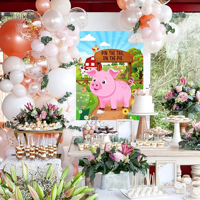 Faccito Farm Animal Games Pin The Tail on The Animals Barnyard Birthday Party Decorations Farm Poster Games with 24 Stickers 2 Eye Masks for Family Activities Birthday Party Decor Supplies(Pig)