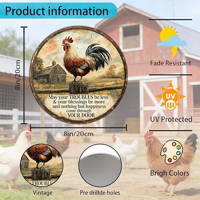 Rooster Kitchen Wall Decor Round Chicken Metal Signs Farm Rooster Crowing Sign Welcome To My Mother Kitchen Home Fence Wall Decor Vintage Chicken Coop Tin Poster 8 Inch