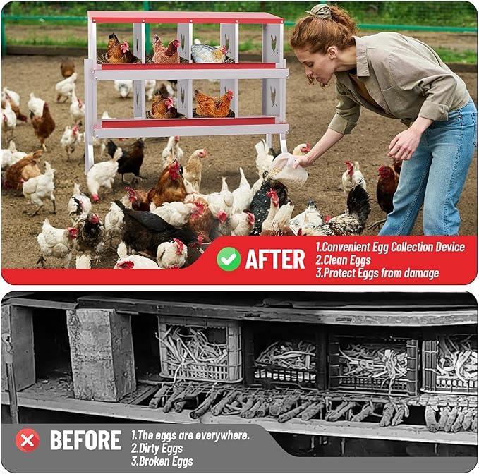Chicken Nesting Boxes, 8-Compartment Metal Egg Laying Box with Swing Perch and Secure Lid – Versatile Wall Mount or Free Standing Suitable for Various Chicken Breeds - red with Leg