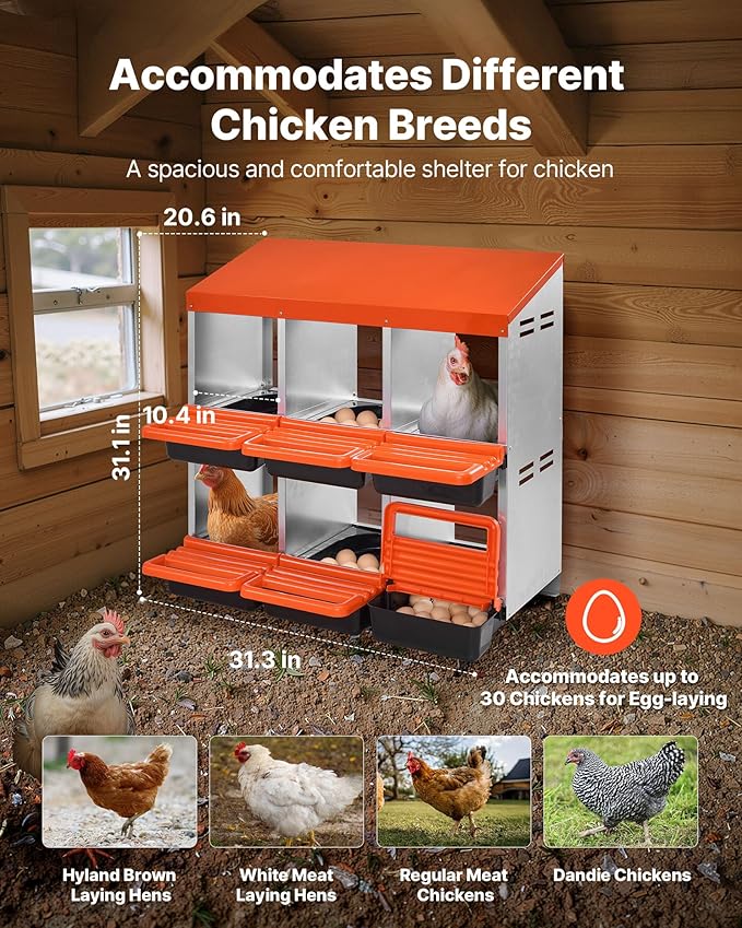 VEVOR 2 Tiers Chicken Nesting Boxes, 6 Compartments, Metal Egg Laying Boxes with Protective Collection Lids, Roll Out Nesting Box, Easy to Assemble, Ideal for Hens, Ducks, Chickens, and Other Poultry