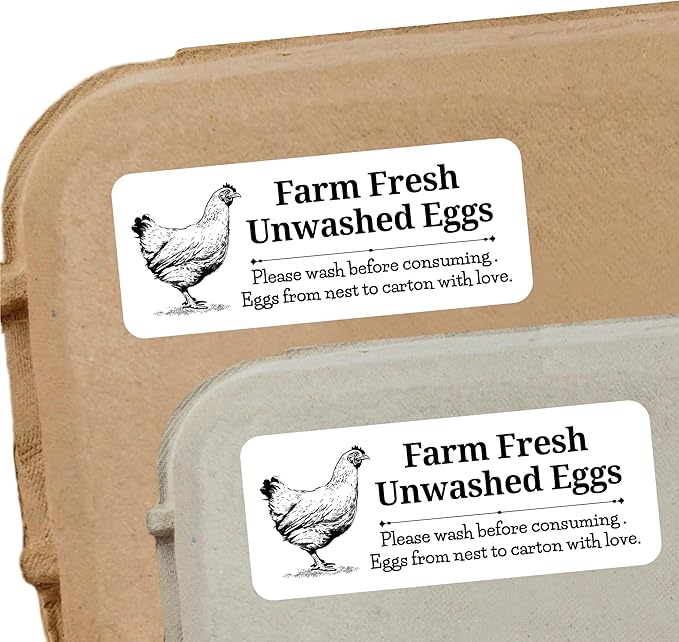 120 Chicken Egg Carton Labels Stickers | White | Farm Fresh Eggs | 4 6 12 15 18 30 48 50 Count - Basket Box Container Extra Organizer Farm Supplies, 66mm x 26mm