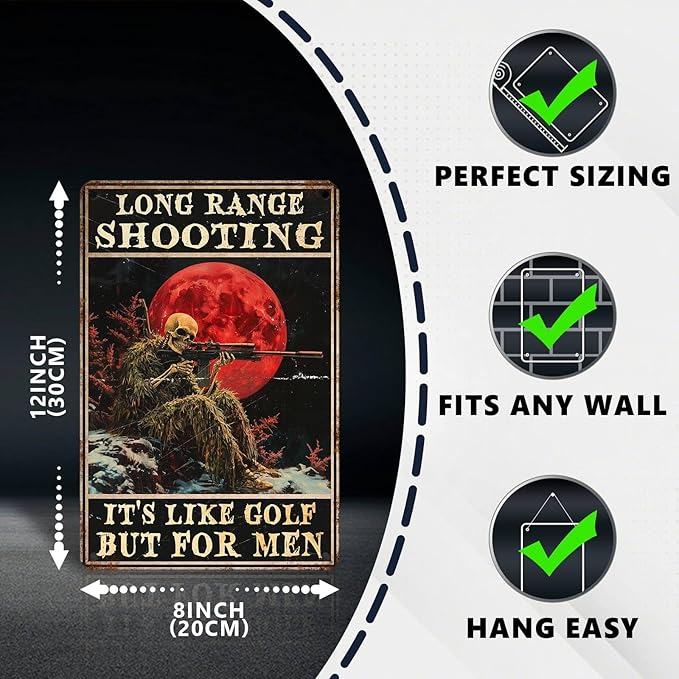 Vintage Skeleton Tin Sign Long Range Shooting Retro Metal Poster It's Like Golf But For Men Funny Gun Wall Art Cafe Office Wall Decorations for Home Bar Club Military Fan Man cave 12 * 8 In