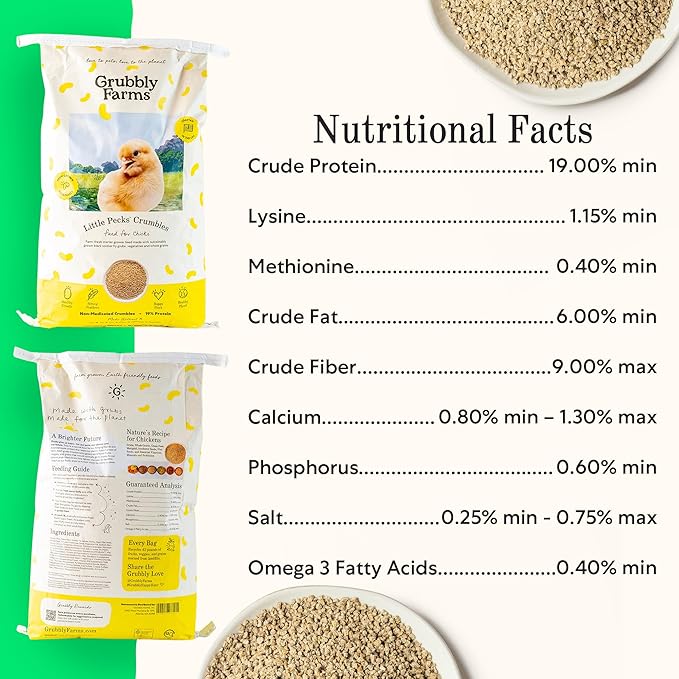 Grubbly Farms Little Pecks Starter Grower Feed – 19% Protein Chick Feed for Chicks, Ducklings, and Poults 0–20 Weeks – Made with Black Soldier Fly Grubs – No Soy, Corn, or Fish – 30 lb Bag