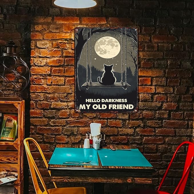 Vintage Wall Decor Metal Poster Plaque Black Cat Hello Darkness My Old Friend Iron Painting Wall Decor Nostalgic Tin Sign For Home Cofe Kitchen Pub Bar 12x16 Inch