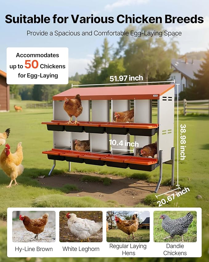 VEVOR Chicken Nesting Boxes, 10 Compartments, with Support Legs, Easy Egg Collection, Galvanized Steel and High-Strength Plastic, Roll Away Nesting Boxes for Chickens and Hens Laying Eggs, Orange