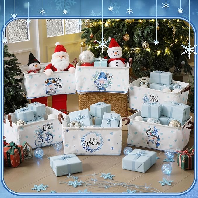CHENGU 6 Pack Winter Storage Basket Collapsible Snowflakes Basket for Gifts Gnomes Holiday Decor Large Snowman Bin Foldable Blue Hello Winter Box with Handle for Bedroom Office Home