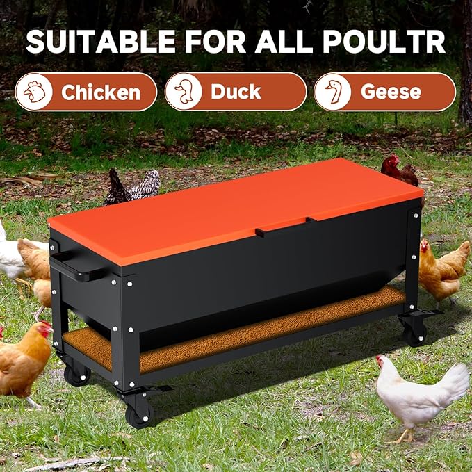 Heavy Duty Chicken Feeder 120 lbs Large Capacity, Metal Automatic Poultry Feeding Box with Waterproof Lid, Raised Standing Feeder with Wheels for Hens & Roosters, Portable & Easy to Move