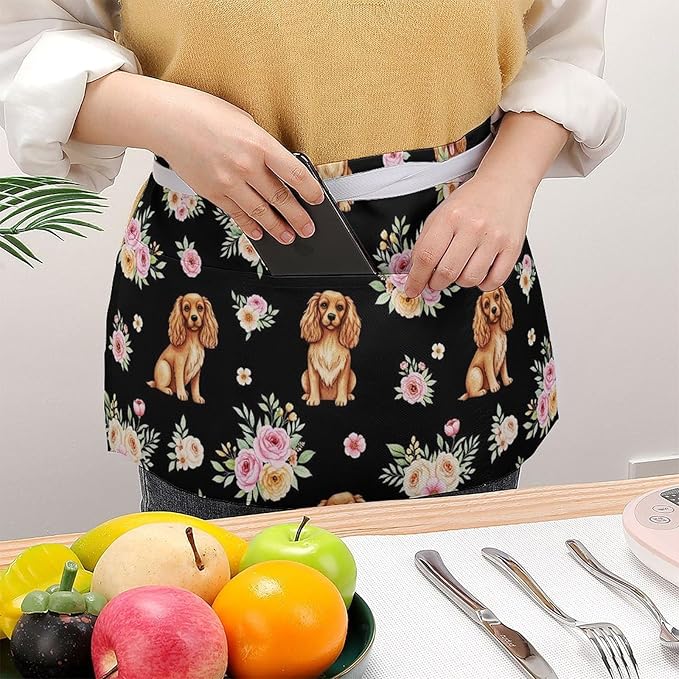 Unisex Chef Waiter Apron Waist Half Short Serving Aprons with 3 Pockets