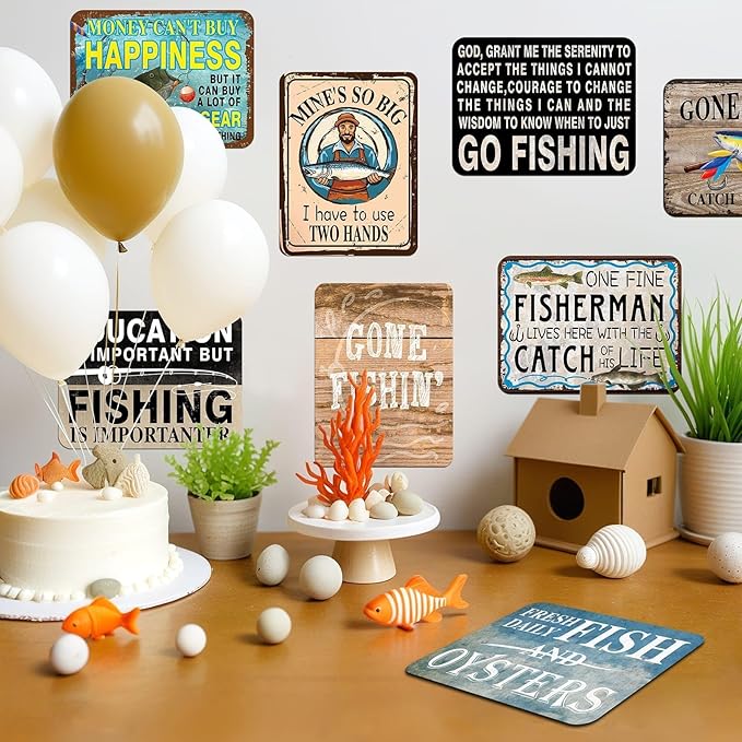 WERNNSAI Fishing Party Decorations - 9 PCS Gone Fishing Birthday Party Decorations for Boys - Fisherman Fish Theme - Vintage Wall Decor for Home Garden Yard
