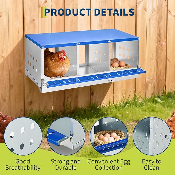 Heavy Duty Metal Chicken Nesting Box – 3 Compartments, Galvanized Steel, Breathable Holes, Resting Platform, Easy Clean, Rollaway, Wall Mounted/Floor, Blue, 96×48×40cm, Without Cover