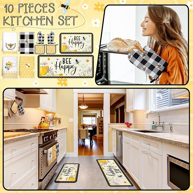 10 Pcs Bee Kitchen Dish Towels Rugs Oven Mitts and Pot Holders Set Farmhouse Kitchen Decor Set for Women Mom Daughter Gift Cooking Baking Grilling (Cute Yellow Black)