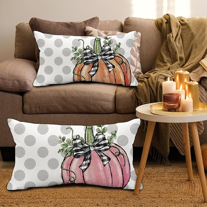 Fall Polka Dots Pumpkin Pillow Covers 12x20 inch Farmhouse Seasonal Autumn Thanksgiving Decor Throw Cushion Case for Home Couch Pillowcase (Pink)