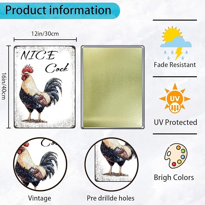 Nice Cock Metal Tin Sign 12x16 Inch Farmhourse Chicken Poster Chicken Tin Sign Home Kitchen Garden Bar Pub Restaurant Are Wall Decor