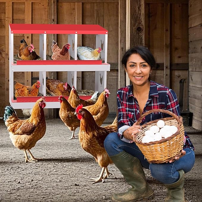 Chicken Nesting Boxes, 6-Compartment Metal Egg Laying Box with Swing Perch and Secure Lid – Versatile Wall Mount or Free Standing Suitable for Various Chicken Breeds -red