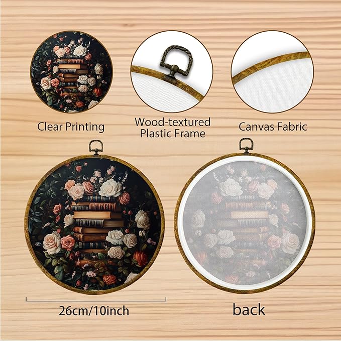Hiuwevt Vintage Floral Book Round Wall Art Decor, Retro Dark Framed Canvas Prints, Academia Bookish Aesthetic Round Wall Hanging Decor for Bedroom Home Decorations, 10x10 Inches