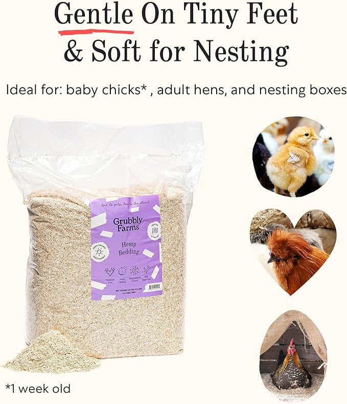 Grubbly Farms Hemp Bedding for Chickens - 99% Dust Free Chicken Coop Bedding with Odor Control, Moisture Absorption and Temperature Regulation - Naturally Sourced, Long Lasting - USA-Grown, 2.5 cu ft