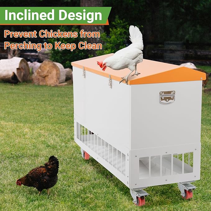 Chicken Feeder with Grille & Wheels, No-Waste 120LBS Capacity Feeder w/ 22 Ports for 20 Chickens, Powder-Coated Steel Feeder w/Waterproof Lid, 37.6”x14.6”x26.2”