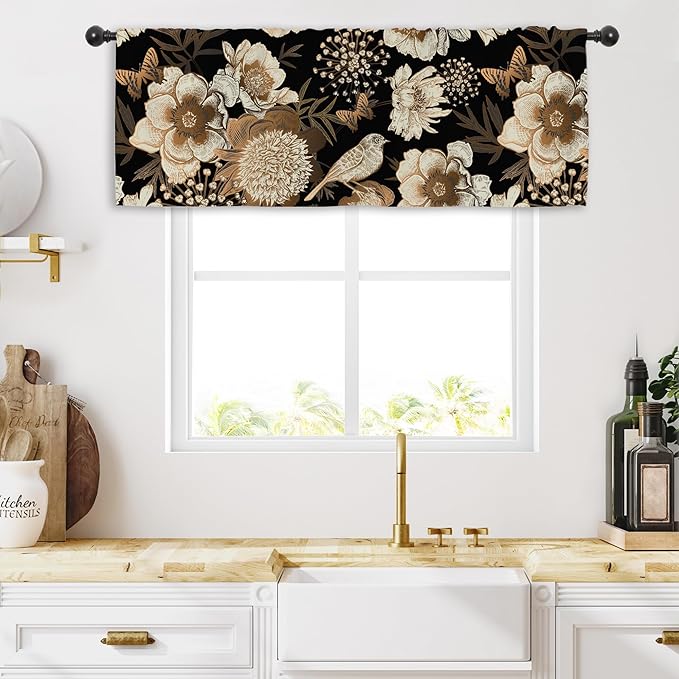 Miyotaa Black Flower Kitchen Curtain Valance 54W x 18H Rod Pocket Vintage Bird Butterfly Botanical Retro Plant Blossom Window Treatment for Living Room Bedroom Bathroom