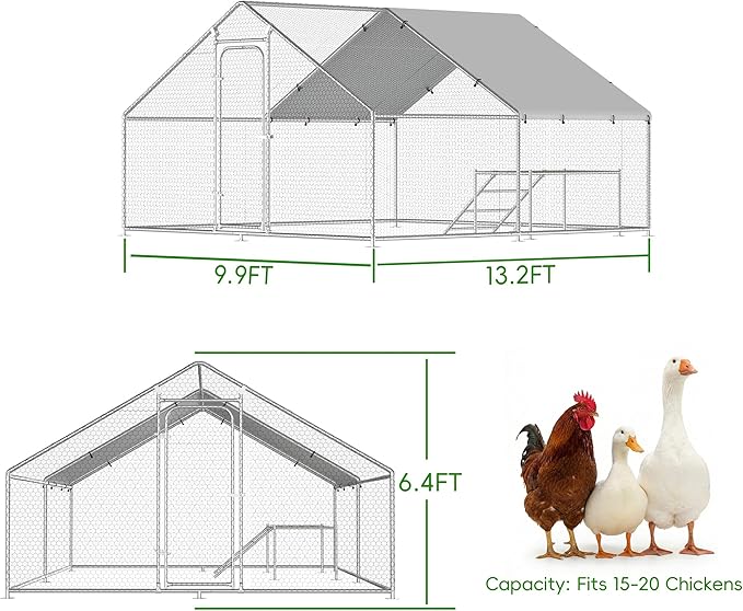 Large Metal Chicken Coop with Roosting Ladder, UV-Resistant and Waterproof Cover, Outdoor Walk-in Cage Hen House for Yard Farm Rabbit Duck Chicken Run, Spire Roof (13.1'W x 9.8'L x 6.4'H)